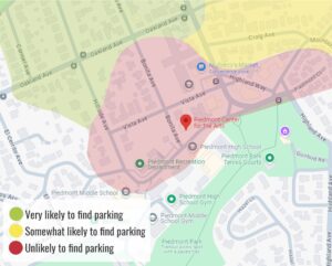 map showing where best to find parking around piedmont center of the arts